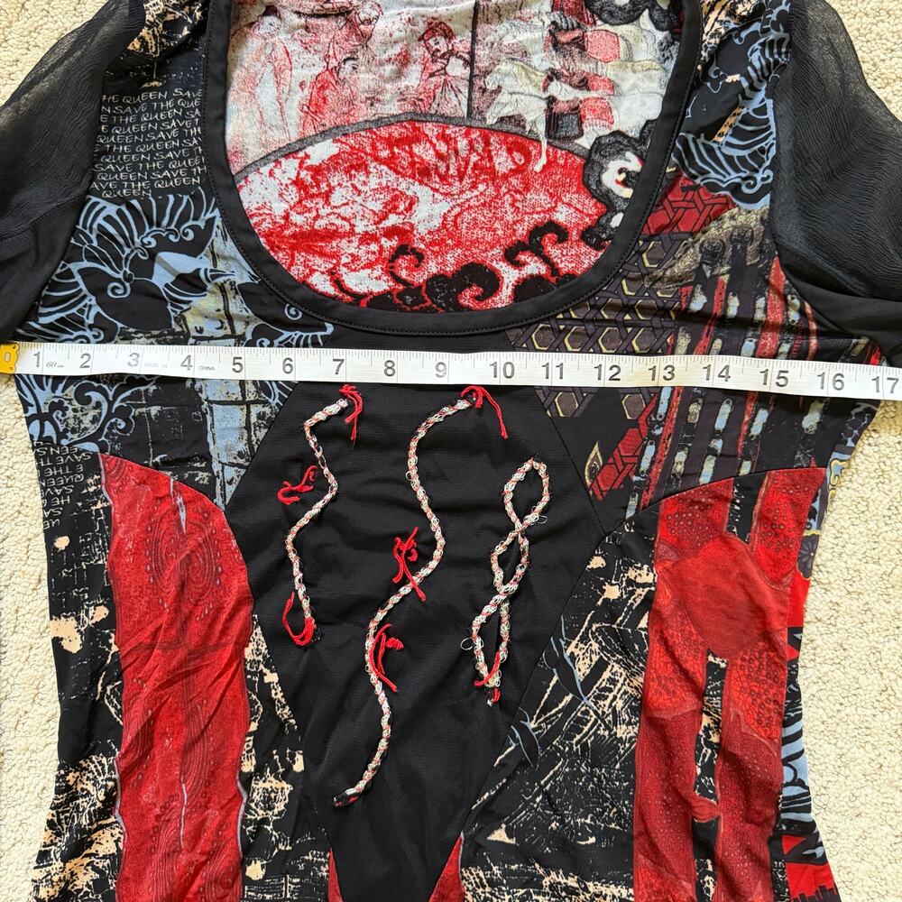 Vintage Save The Queen Samurai Graphic Mesh Top Y2K Italian Grunge Art to Wear - Picture 7 of 8